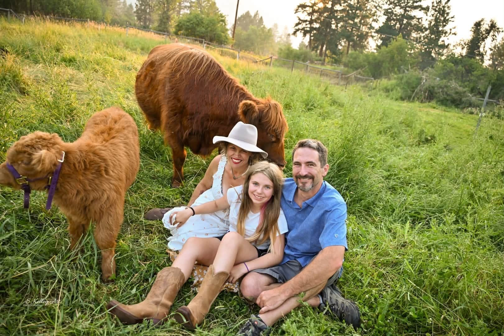 Parents kneeling with a toddler between them at the pasture fence, a Highland cow grazing softly out of focus behind — a family-session shape on the founding-family offer.